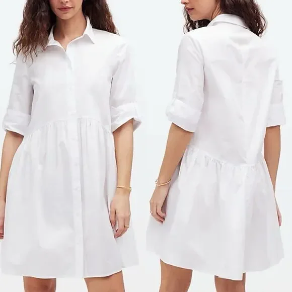 MADEWELL Shirt Dress Women XS Button Front Mini Cotton Poplin Crisp White NS126 - Picture 1 of 13